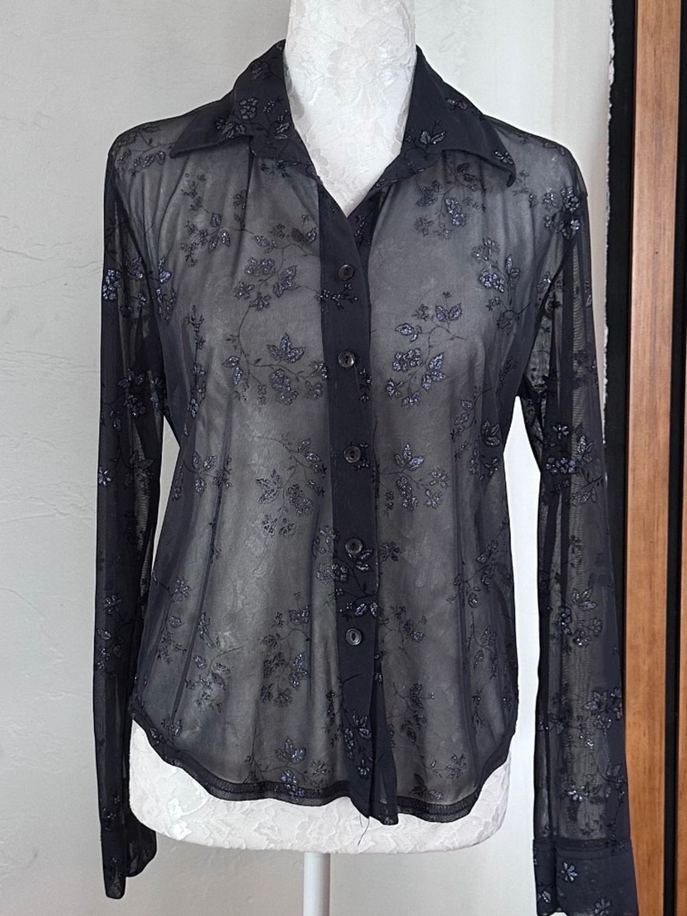 Size small Anxiety Cafe gray sparkly sheer blouse